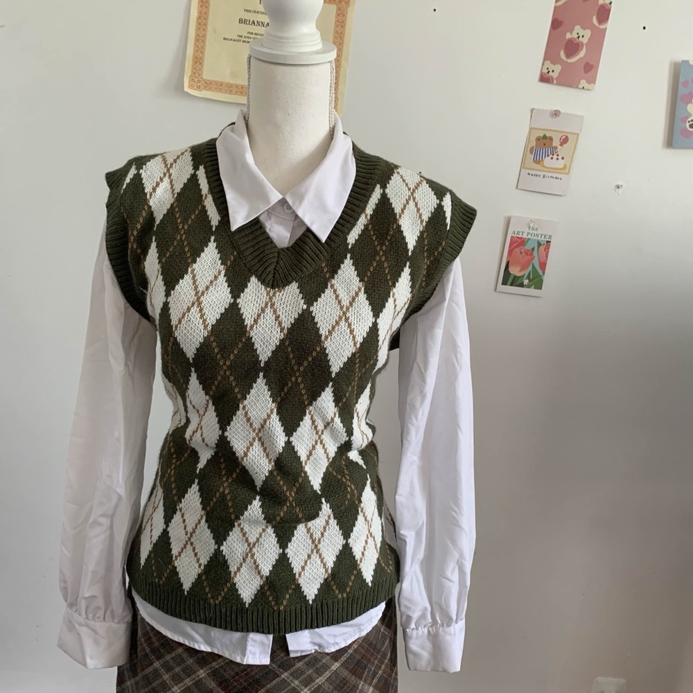 Green Argyle Sweater Vest with plaid skirt set
